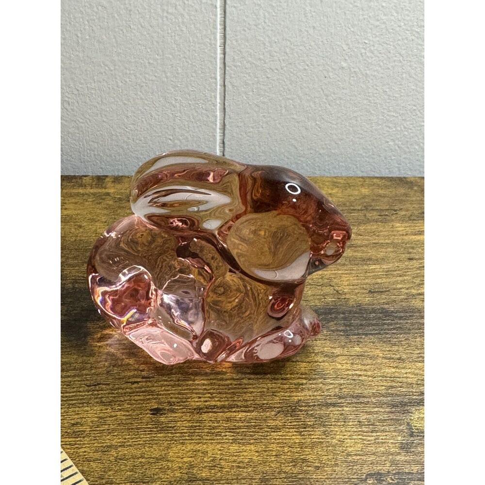 Hand Blown in Mold Pink Glass Bunny Rabbit Paperweight